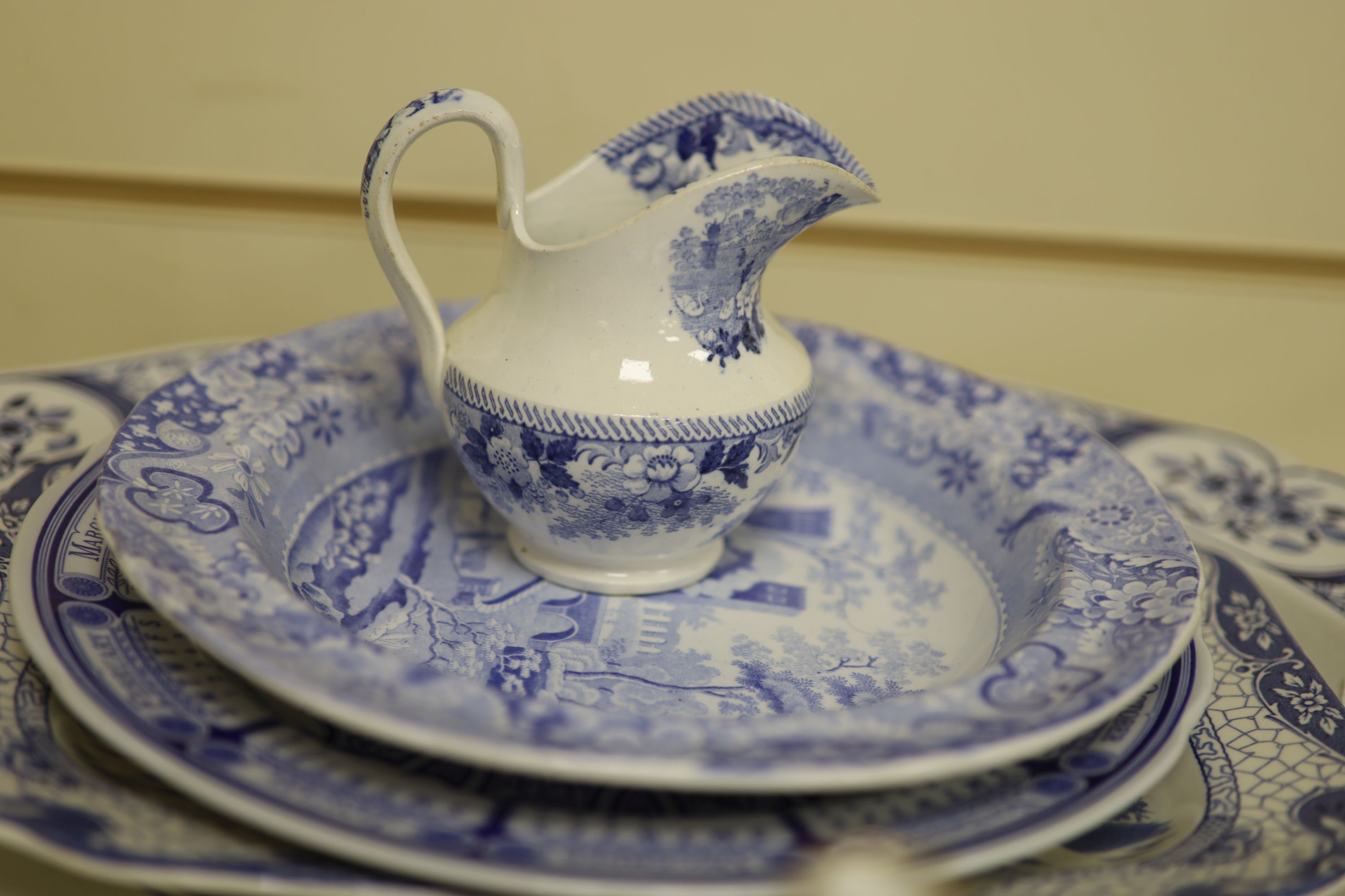 A Coalport cobalt blue dish with painted reserve of Kilchurn, heightened in gilt and sundry ceramics,